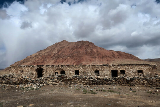 Old Russian Imperial outpost ruins near Karakul Lake, Pamir Highway, Tajikistan