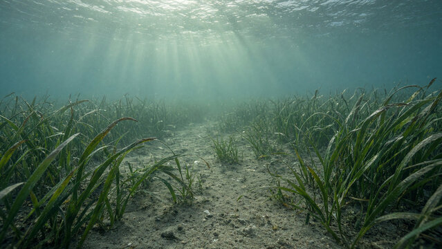 Underwater view of green seagrass on sandy seabed. Sunlight rays penetrating water surface in the Black Sea