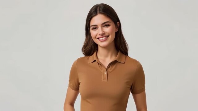Smiling Young Woman Portrait with Closed Eyes in Brown Polo Shirt Against Gray Background