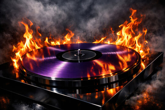 Purple vinyl record spinning on turntable in fire and smoke. Hot music concept with burning disc. Rock concert poster, dj party and sound recording design background.