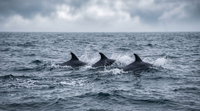 Three dolphins swimming together in the dark ocean. Dorsal fins breaking the surface of choppy water under a grey overcast sky. International Black Sea Day concept