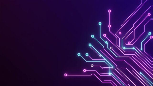 Abstract Neon Circuit Board Pattern with Gradient Technology Lines on Dark Background
