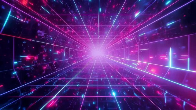 Neon Tunnel Cyberpunk Grid Futuristic Perspective With Glowing Light Digital Background Abstract