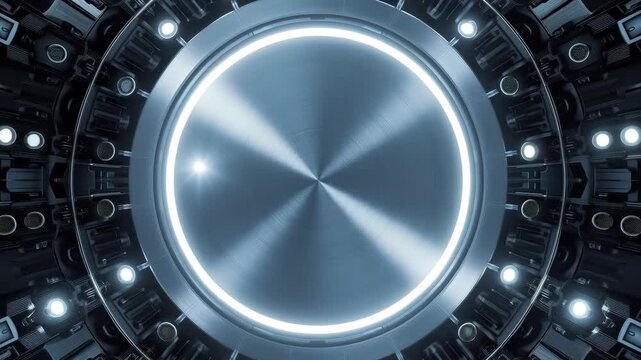 Futuristic Circular Metal Portal with Glowing White Ring and Radial Mechanical Interior lights