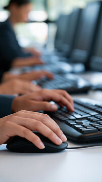 Close up of hands using a keyboard and mouse at a desktop workstation in a bright computer lab cropped composition technology education hands keyboard mouse computer lab workstation