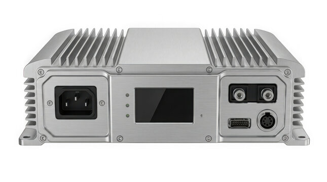 silver industrial electrical power inverter control box isolated on transparent background