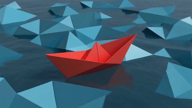 Red Paper Boat Leads Through Blue Iceberg Obstacles, Concept of Leadership  Innovation