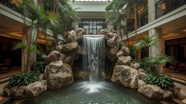 Indoor Water Feature With Tropical Garden, Palm Tree, Natural Stone Courtyard Waterfall and Koi Pond