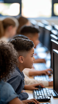 Rear view of five children seated in a row at desktop computers in a bright school computer lab engaged and smiling faceless composition children school computer lab technology