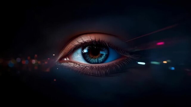 Digital Eye With Blue Iris, Colorful Light Burst, Pupil Glow, Futuristic Cybernetic Visual