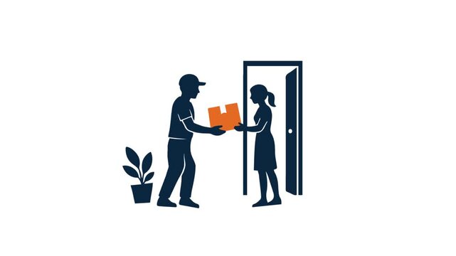 Delivery person hands package to woman at front door, courier service concept