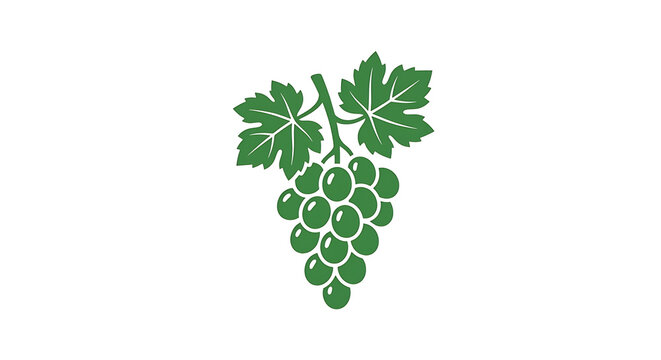 Simple vector icon of a green bunch of grapes with two leaves on a white background.