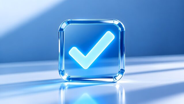 Glowing neon blue checkmark icon inside transparent glass square for digital approval verification and success concept on reflective surface.