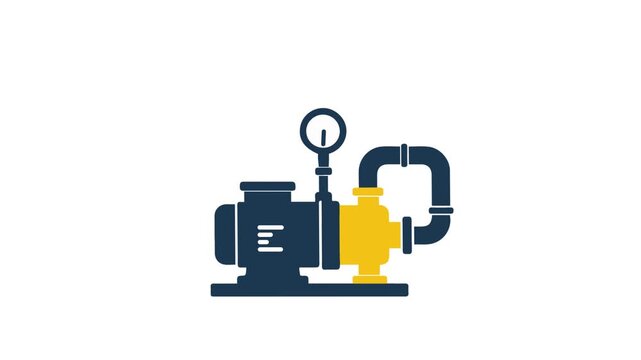 Industrial water pump with pressure gauge and pipes, blue and yellow icon