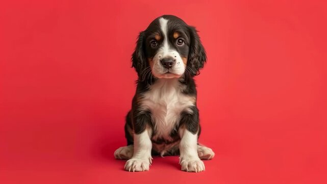 Puppy Dog Sitting on Red Background with Curious and Gentle Expression in Portrait View