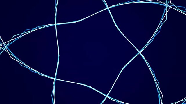 Glowing neon light lines weaving together in a dark space creating fluid patterns and dynamic motion