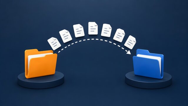 3D file transfer concept with digital document icons moving from orange folder to blue folder on modern podiums.