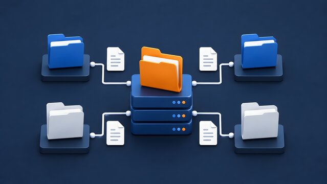 Centralized digital database server with connected folders and document icons representing corporate network and file management.