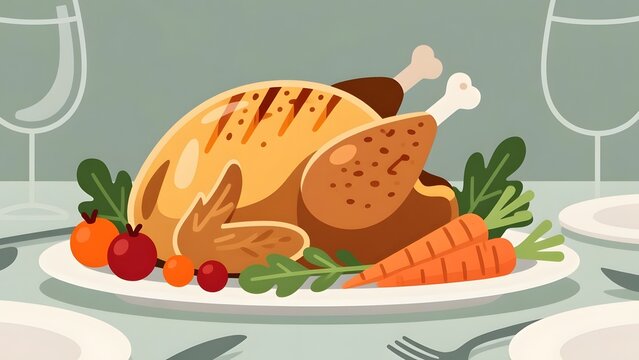 Roasted Thanksgiving turkey on platter with vegetables. Festive holiday dinner illustration. Traditional Christmas poultry feast with carrots and garnish.