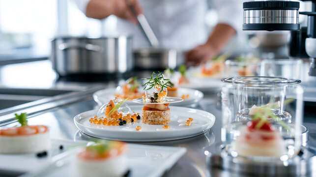 High tech culinary scene showcasing molecular gastronomy techniques such as spherification and deconstruction vibrant food creations crafted with precision on a bright kitchen counter
