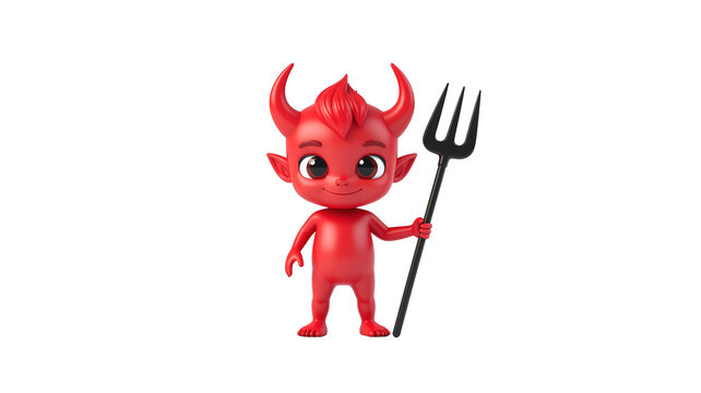Cute 3D red devil cartoon character holding a pitchfork