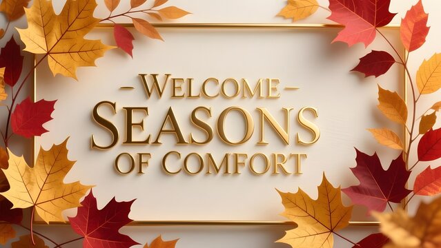 Autumn welcome seasons of comfort greeting card, fall maple leaves border on white background, elegant gold typography for seasonal decor