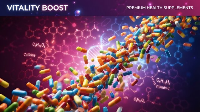 A vibrant explosion of colorful capsules and pills symbolizing vitality boost and premium health supplements with molecular structures and DNA helix in the background