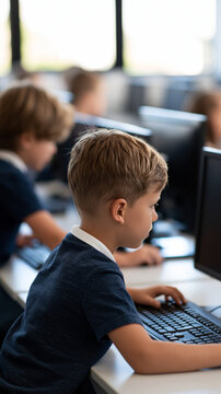 Rear view of happy young students engaged at computer workstations in a bright school computer lab faceless composition students computer lab education technology classroom digital