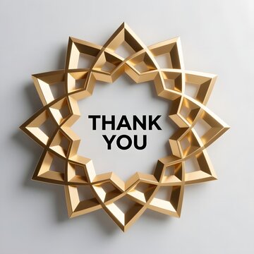 Golden geometric star frame with Thank You text, elegant 3D metallic border on white background, luxury gratitude card design