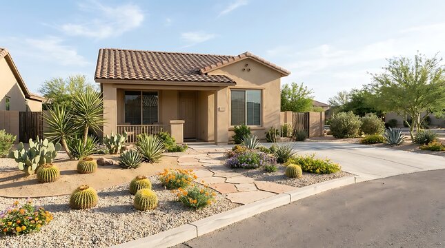 Modern single story house with desert landscaping and cactus garden in a suburban neighborhood. arizona front yard