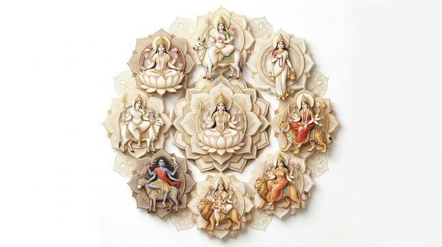 Goddess Durga with Navadurga Forms and Sacred Animals Traditional Hindu Illustration on White Background