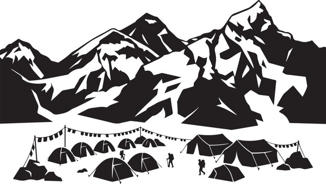 Mountain base camp vector illustration, snowy peak climbing expedition silhouette, outdoor camping adventure scene with tents