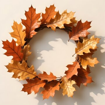 Autumn oak leaf wreath on white background, rustic fall foliage circular frame, decorative orange and brown dried leaves for seasonal greeting cards