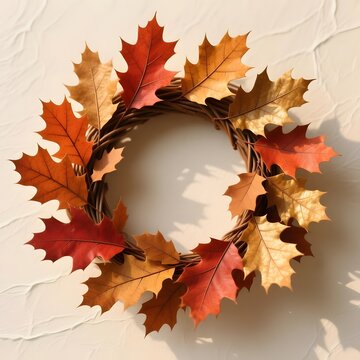 Autumn oak leaf wreath on textured wall, rustic fall foliage decoration, seasonal orange and red leaves on grapevine base