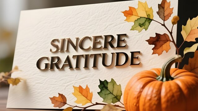 Sincere Gratitude greeting card with autumn leaves. Thanksgiving thank you note with pumpkin. Fall seasonal appreciation card.