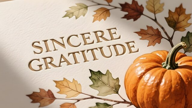 Sincere Gratitude message on elegant paper, autumn thanksgiving card with pumpkin and fall leaves, seasonal appreciation greeting