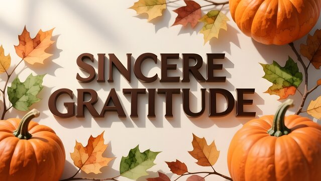 Sincere Gratitude wooden text on white background, autumn harvest pumpkins and fallen maple leaves, seasonal thanksgiving greeting card