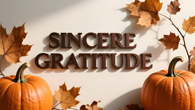 Sincere Gratitude wooden text on beige background. Autumn harvest pumpkins and dried maple leaves. Thanksgiving greeting card concept.