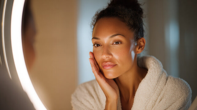 Woman checking healthy skin in illuminated bathroom mirror