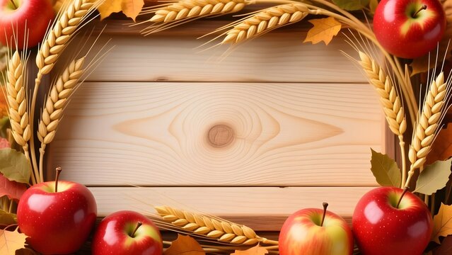 Rustic autumn background with wooden sign, harvest frame with red apples and wheat stalks, seasonal fall border for thanksgiving