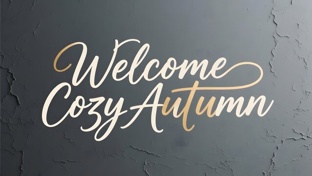 Welcome Cozy Autumn elegant script typography, seasonal fall greeting on dark textured stone background, gold and white calligraphy