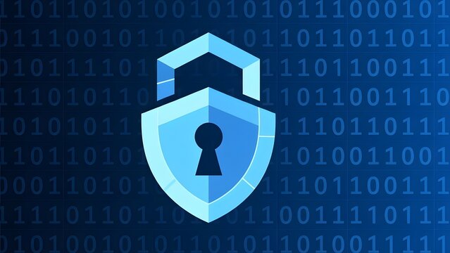 Cybersecurity shield icon with padlock, digital data protection concept, blue binary code background for network safety and encryption