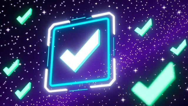 Futuristic neon check mark icons, glowing digital tick symbols on starry purple background, cyber security and success concept