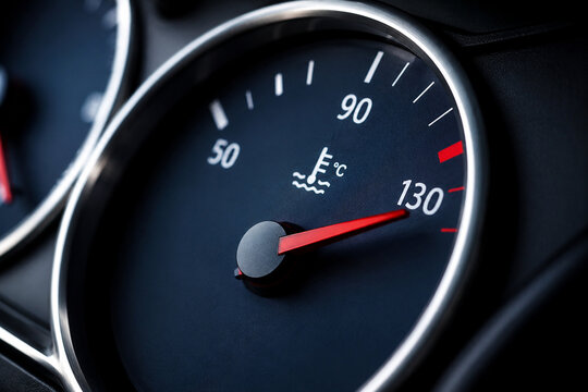 Close-up of a premium car temperature gauge with a red needle in the high range, representing engine overheating, vehicle maintenance, and automotive safety.