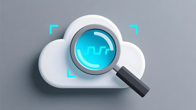 Cloud computing data search icon, 3D magnifying glass over white cloud, digital storage analysis and network security concept