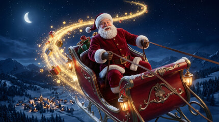 Naklejka premium Santa Claus flying in a traditional red sleigh above a snowy mountain village under a crescent moon at night