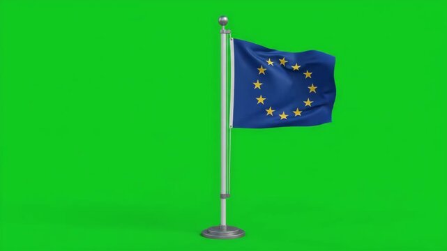 European Union flag waving on a flagpole against a vibrant green screen background.
