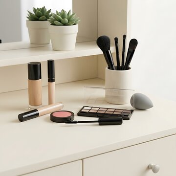 Collection of makeup brushes and cosmetic products arranged on a modern white vanity table in a bright room. simple makeup tutorial