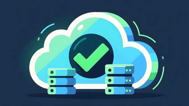 Cloud computing data storage icon, secure server network with checkmark symbol, digital database hosting concept