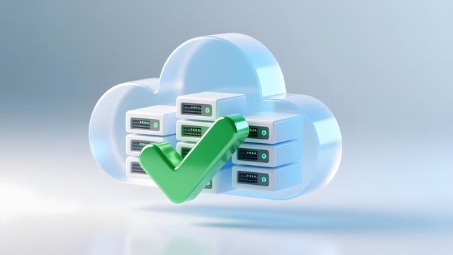 Cloud computing server icon with green checkmark, secure data storage network concept, 3d render of digital hosting infrastructure